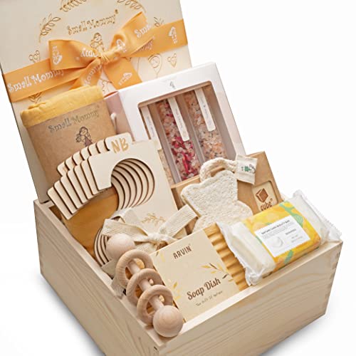 SMALL MOMMY New Mom Gift Basket - Natural Essentials Push Present for Women After Birth - Muslin Swaddle Blanket, Teether, Bath Salt, Body Scrub, Soap Bar - Perfect for Postpartum Recovery and Relaxation