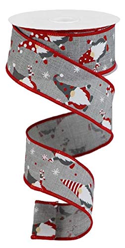 Christmas Gnomes Wired Edge Ribbon - 10 Yards Light Grey 1.5 Inch Decorative Ribbon for Gift Wrapping, Christmas Tree Decor, Holiday Crafts and DIY Projects
