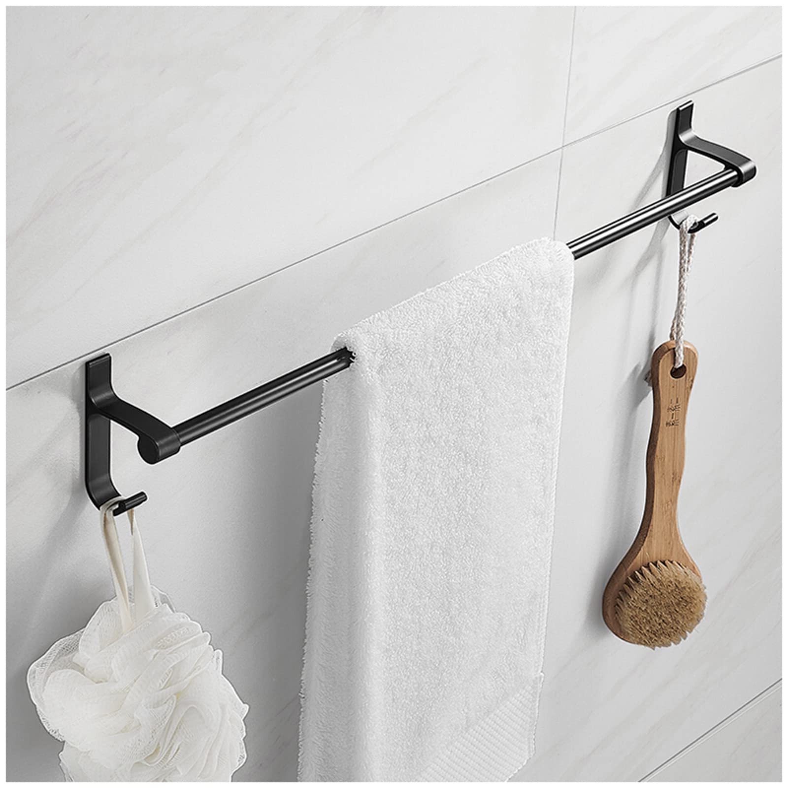 LNX Black Towel Rack - Rustproof Aluminum Towel Bar for Bathroom & Kitchen - No Drill Wall Mounted with Hooks (1 Pack) - Perfect for Small Spaces, Apartments and Dorm Rooms