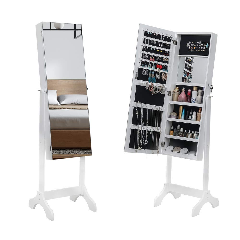 Full Length Mirror with 4-Tier Adjustable Wooden Shelf - Jewelry Storage Cabinet with Lockable Doors & Inner Mirror - White - Perfect for Bedroom, Closet & Dressing Room Organization
