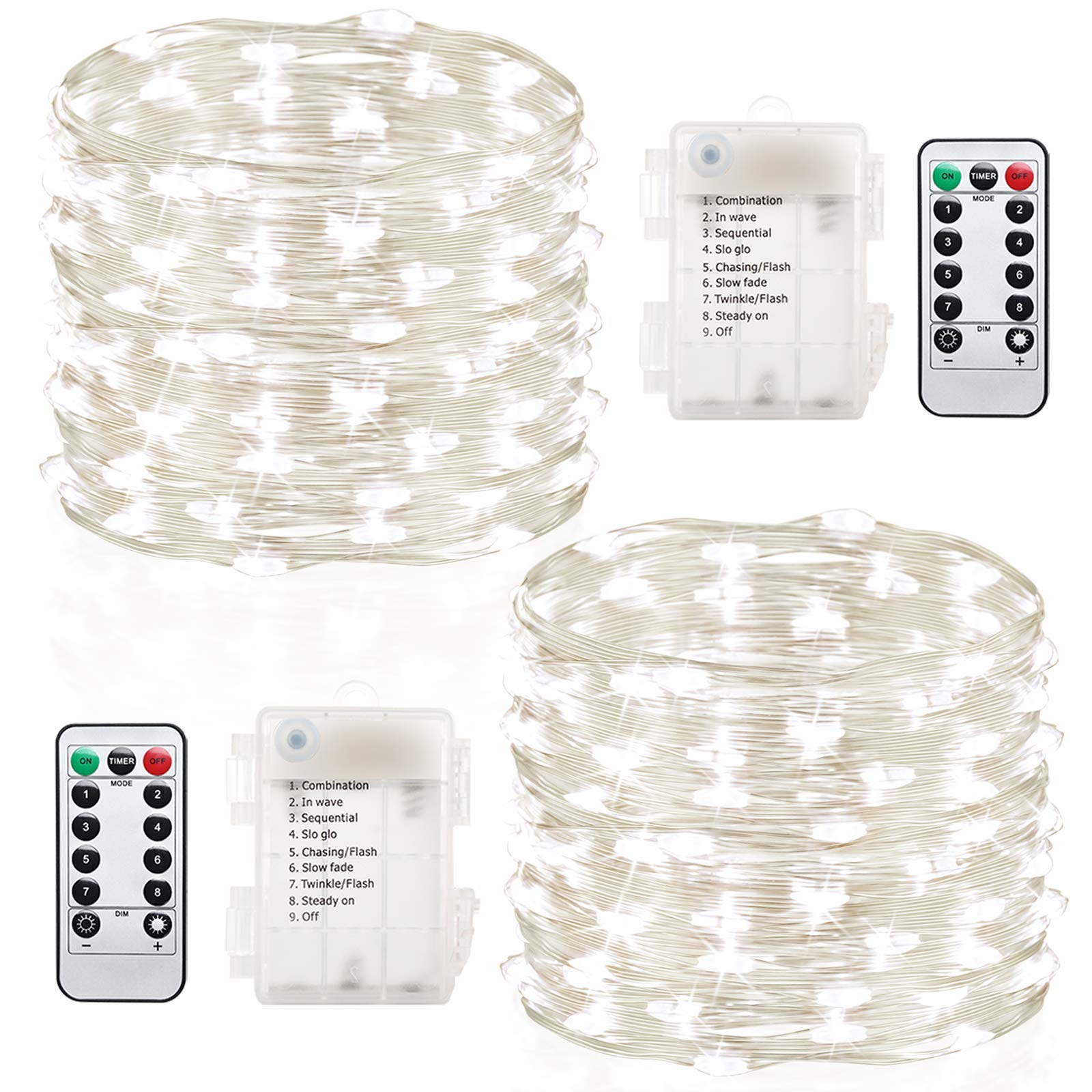 GDEALER 2 Pack 20 Ft 60 LED Battery Operated Christmas Fairy Lights with Remote - Waterproof Twinkle String Lights 8 Modes for Party, Bedroom, Wedding, Holiday Decorations (White) | Indoor & Outdoor Use for Christmas Tree, Garden, Patio, Home Decor