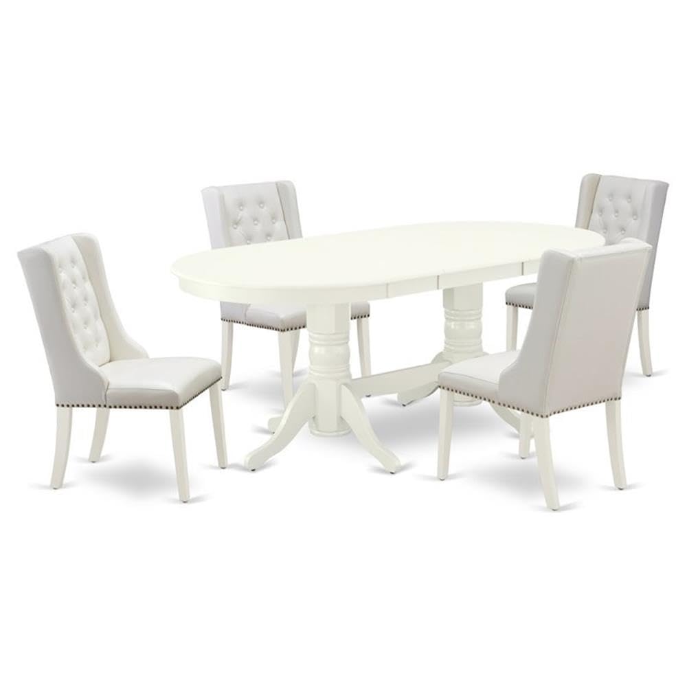 East West Furniture 5-Piece Kitchen Table Set with Oval Dining Table & 4 Faux Leather Chairs - Light Grey Upholstery, Butterfly Leaf Extension (40x76 Inch, Linen White) - Perfect for Small Dining Rooms, Breakfast Nooks & Compact Apartments