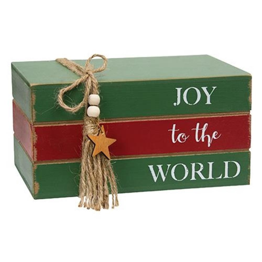 Joy to the World Wooden Stacked Books - Rustic Home Decor for Christmas, Holiday Shelf Display & Cozy Winter Decorations
