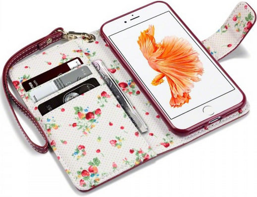 Apple iPhone 8 Wallet Case with RFID Protection - Slim Leather Credit Card Holder & Phone Cover (Red Floral Design) - Perfect for Everyday Use, Travel & Shopping