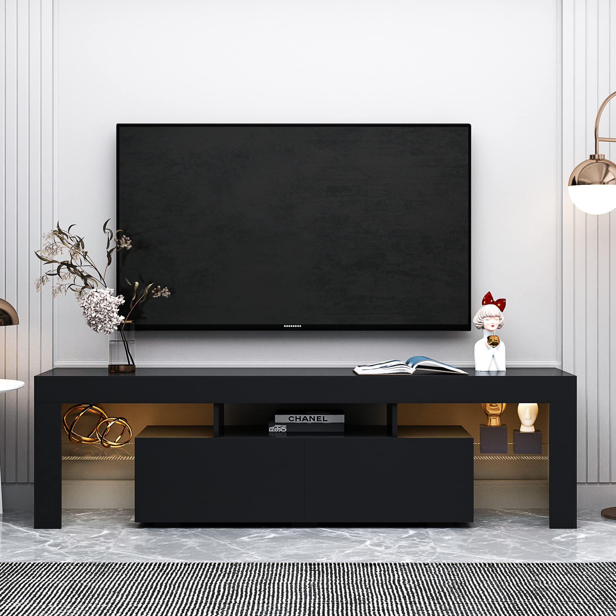 Holaki Modern LED TV Stand - High Gloss Wood TV Console with 20 Color Changing Lights, Media Entertainment Center for Up to 70 Inch TVs, Storage Drawers & Open Shelves (Black) - Perfect for Living Room, Bedroom & Home Theater Setup