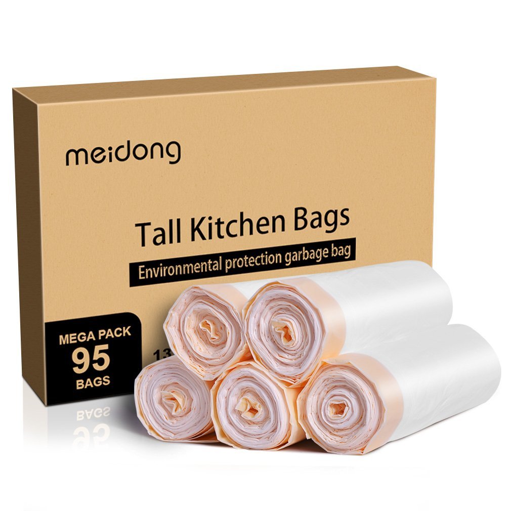 **Meidong 13 Gallon Tall Kitchen Trash Bags - Strong Drawstring Garbage Bags (5 Rolls/95 Counts) for Waste Bins, Home & Office Use - Multipurpose White Trash Can Liners**