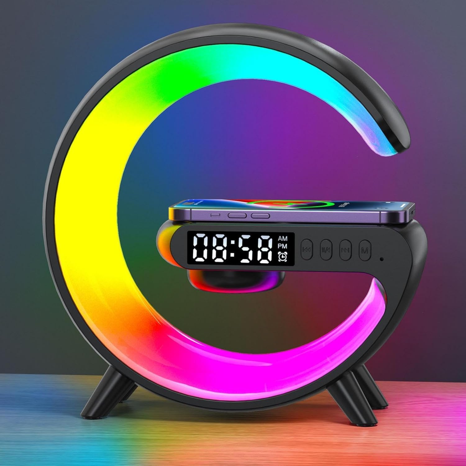 Wireless Charging Table Lamp with Bluetooth Speaker & Alarm Clock - Smart Bedside Lamp with App Control, Key Function & Prime Deals | Perfect for Bedroom, Office & Nightstand Use