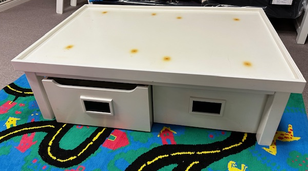 Modern Coffee Table with Storage Drawers and Wheels - Mobile Floor Model for Living Room, Office, or Dorm - Easy to Move and Organize