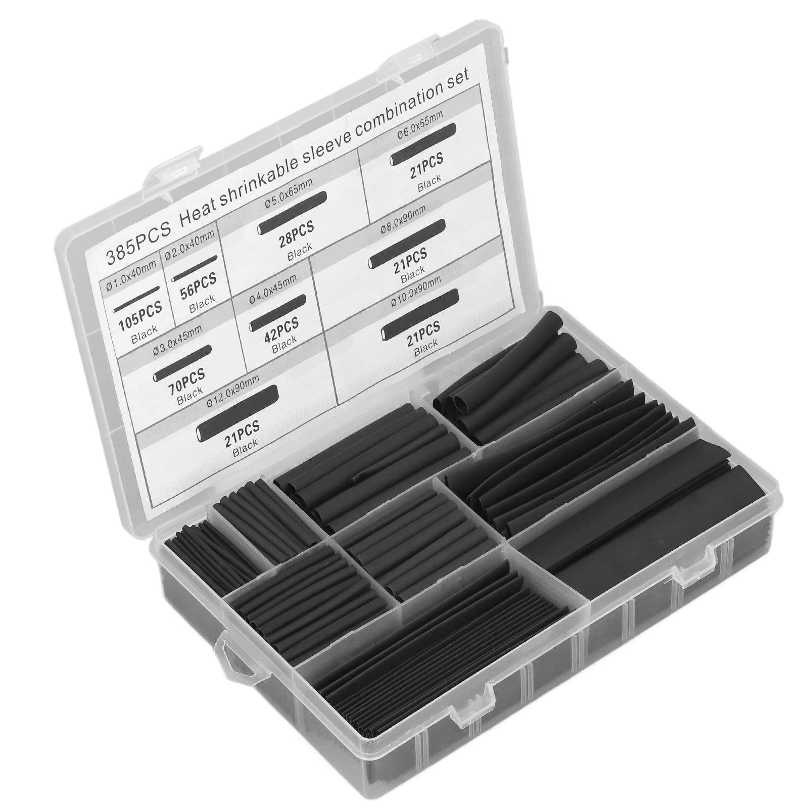 385Pcs Black Heat Shrink Tubing Kit - Flame Retardant, Quick Shrinking & Waterproof Cable Wraps for Electrical Wiring, Automotive, DIY Projects & Home Repairs