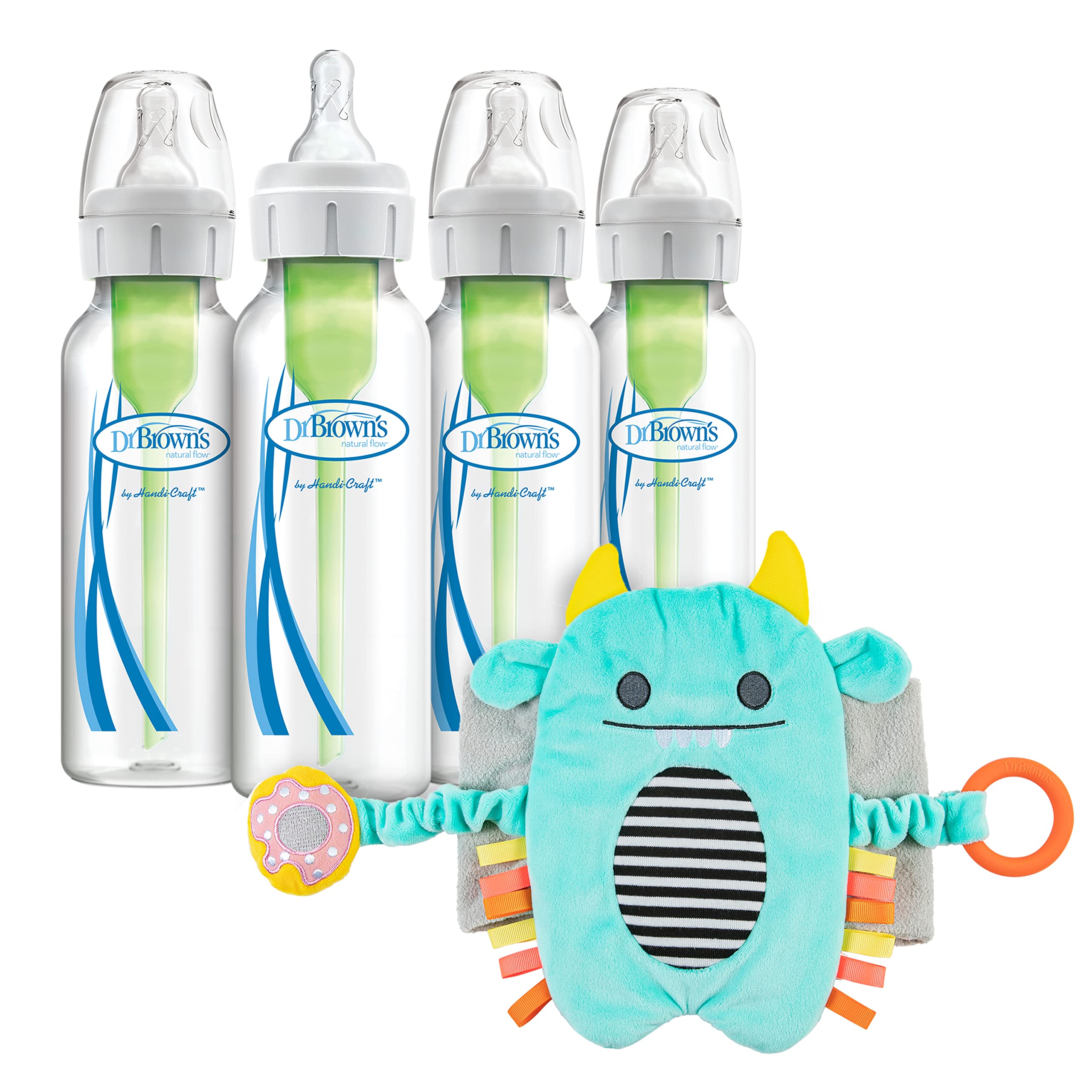 Dr. Brown's Anti-Colic Options+ Narrow Baby Bottles with Level 1 Nipples, 4-Pack (8oz) & Gripebelt for Gas Relief – Newborn & Toddler Feeding Essentials for Colic, Upset Stomach – Perfect for Daycare, Travel & Nighttime Feeding (Blue Monster)