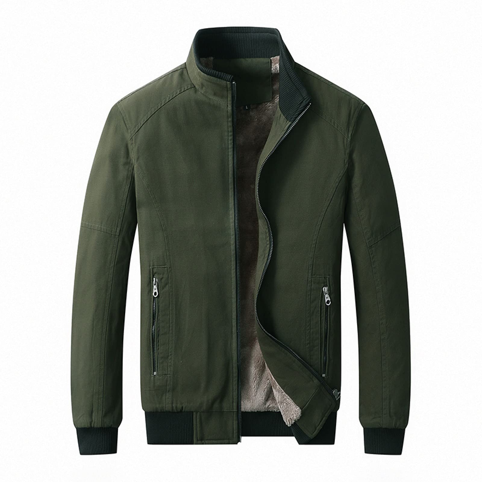 Men's Solid Color Casual Stand Collar Velvet Lined Thick Pure Cotton Washed Jacket for Spring - Warm & Stylish Outerwear for Daily Wear, Office, and Outdoor Activities