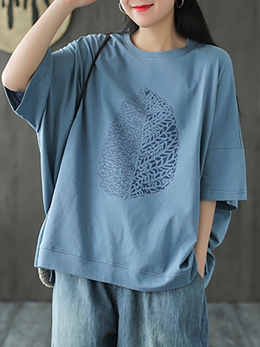 Plus Size Leaf Printed Summer Half Sleeve Cotton T-Shirt for Women - Comfortable Casual Tee for Outdoor Activities and Vacation Wear