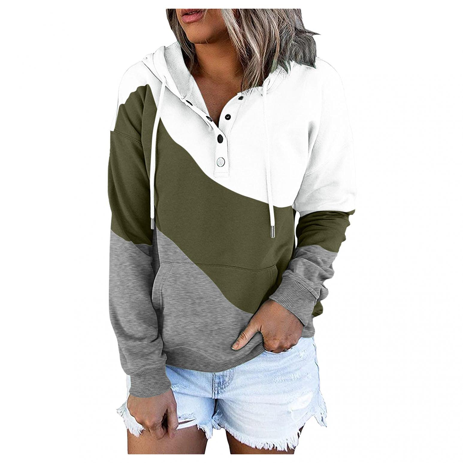 ONHUON Women's Hoodies - Long Sleeve Striped Print Button Down Sweatshirt, Color Block Pullover Casual Tops for Everyday Wear, Work & Outdoor Activities