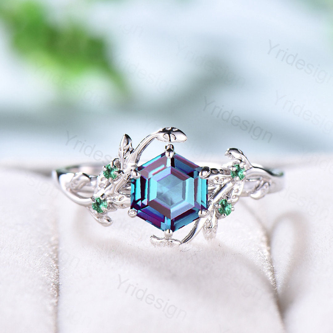 14K Rose Gold Vintage Alexandrite Ring - Unique Leaf Vine Wedding Ring for Women, Hexagon Cut Engagement Ring, Cluster Emerald Alternative Jewelry - Perfect for Anniversaries, Proposals & Special Occasions