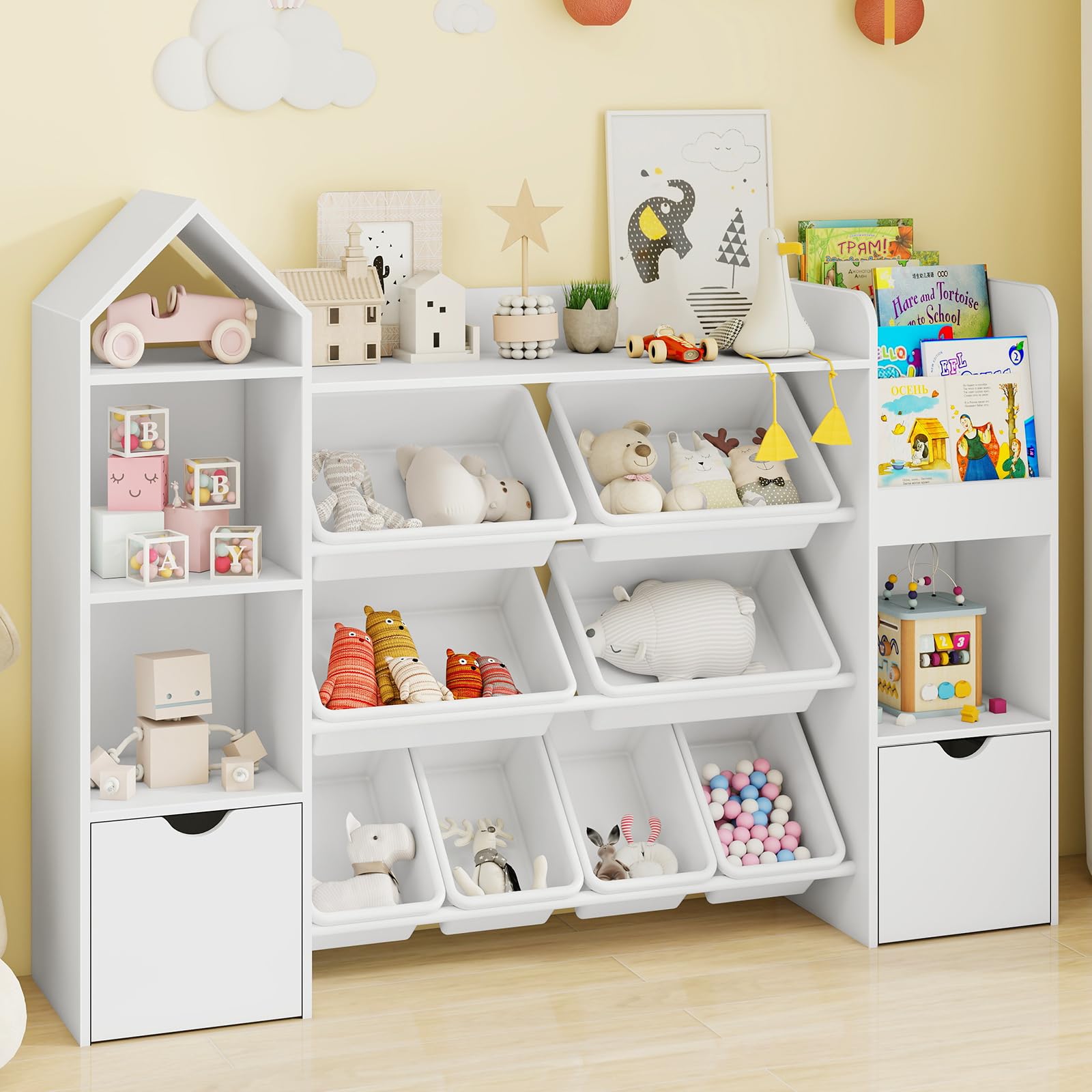 Vabches 8-Bin Kids Toy Organizer with Wheels - 4-Tier Storage Shelf with Removable Bins & Cubbies, White Toy Storage for Playroom, Nursery & Kids Room - Perfect for Organizing Toys, Books & Learning Supplies
