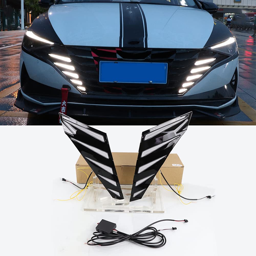 12V LED DRL Daytime Running Lights with Amber Turn Signal - Compatible with Hyundai Elantra 2021 - Front Bumper Grille Fog Lamps & Blue Night Light Accessories - Perfect for Night Driving and Enhanced Visibility