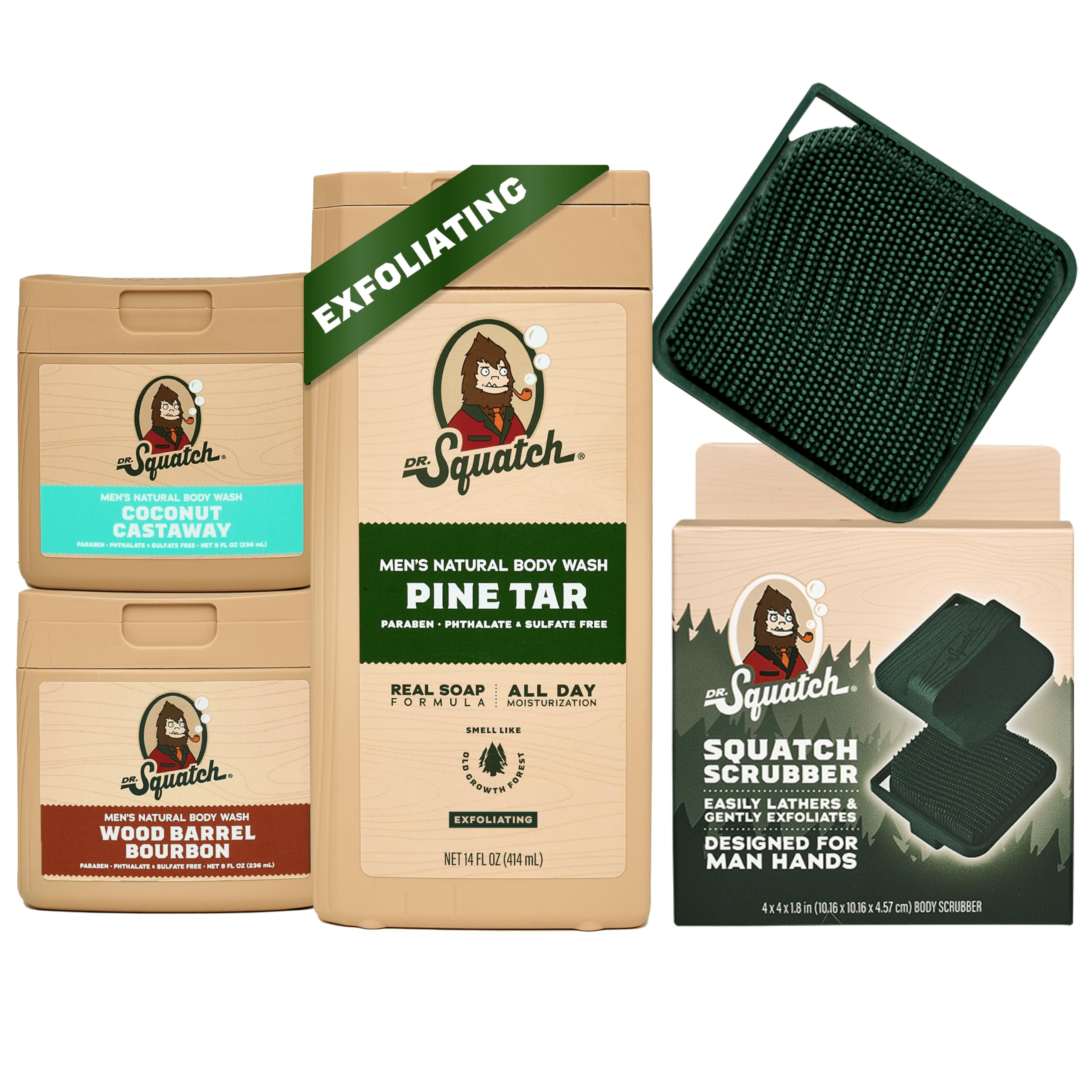Dr. Squatch Natural Men's Body Wash Set - Exfoliating & Non-Exfoliating (Pine Tar 14oz + Coconut Castaway & Wood Barrel Bourbon 8oz 2-Pack) with Body Scrubber - Organic Soap for Shower & Gym - Gift for Him