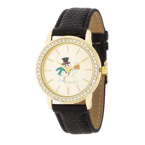 Elegant Gold Snowman Crystal Watch with Black Leather Strap - Perfect for Christmas Gifts, Holiday Parties & Winter Fashion Accessories