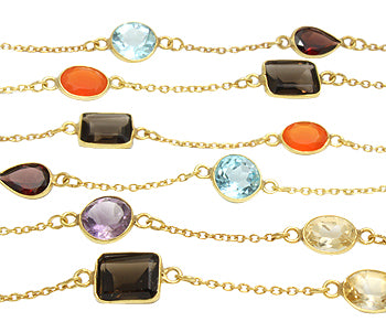 Gold Plated Sterling Silver Chain with Bezel-Set Multi Semi-Precious Gemstones - Sold by Foot - Perfect for Jewelry Making, DIY Crafts & Gift Giving