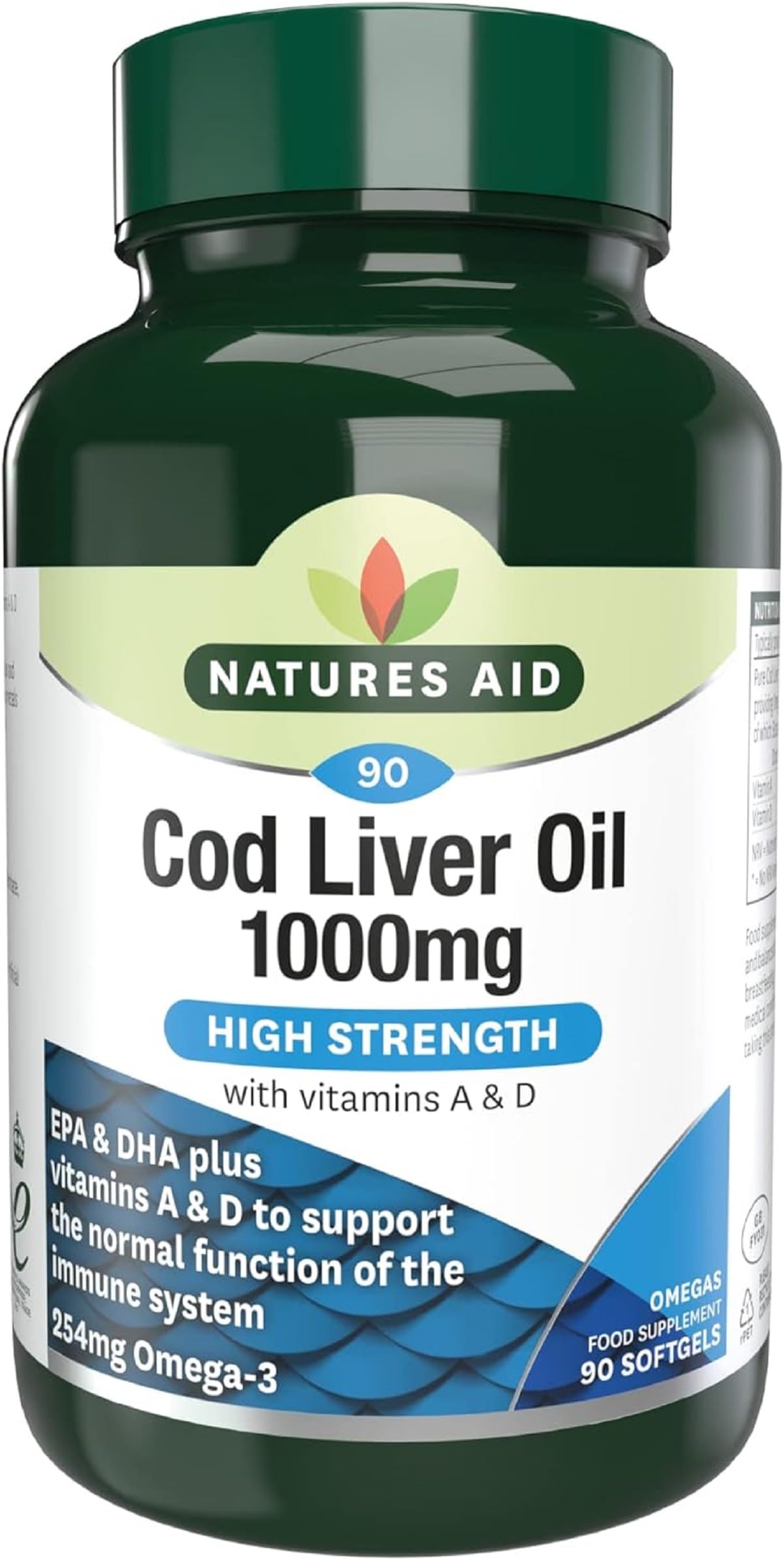 Nature's Aid 1000mg High Strength Cod Liver Oil Softgels - 90 Count Omega-3 Supplement for Heart, Brain & Joint Health - Supports Immunity & Vision - Perfect for Daily Wellness Routine