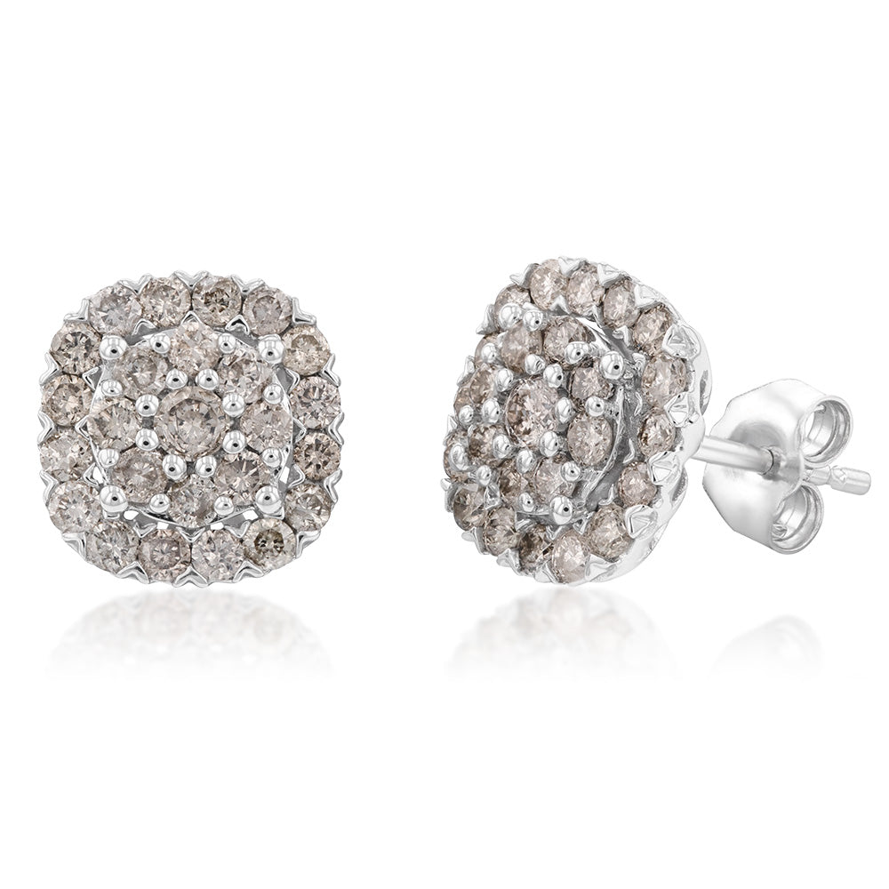 9ct White Gold 1 Carat Diamond Cluster Stud Earrings - 50 Brilliant Cut Diamonds for Women | Elegant Everyday & Special Occasion Jewelry Gift
