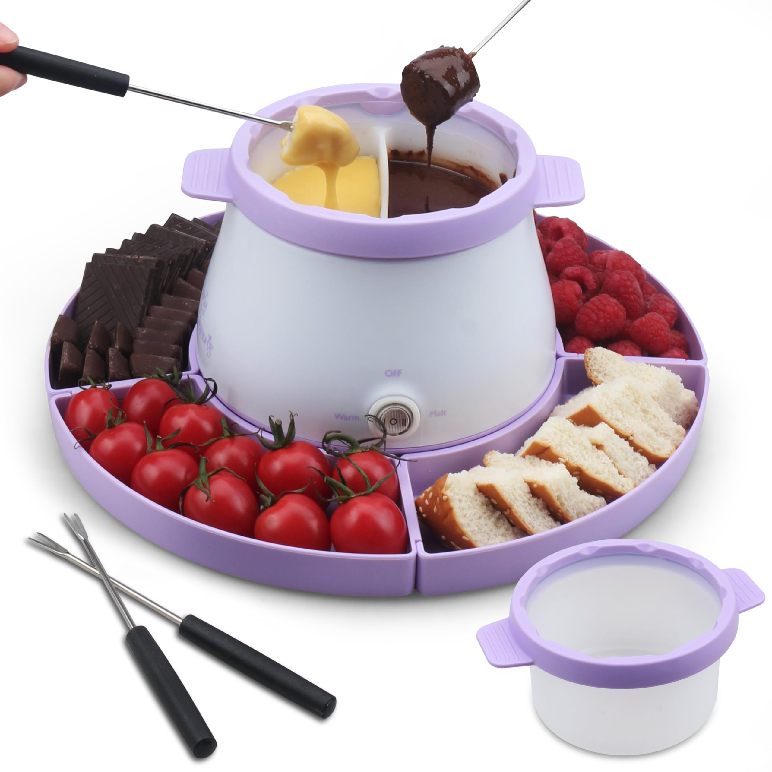Electric Fondue Pot Set with 2 Pots - Chocolate & Candy Melting Warmer for Dipping, Includes 6 Fondue Forks, 2.5 Cup Capacity, Lavender - Perfect for Parties, Dessert Making & Romantic Dinners