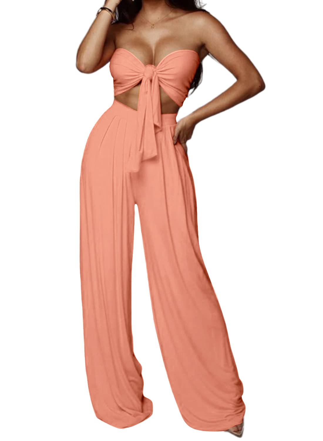 Sexy Two Piece Outfits for Women - Summer Wrap Halter Cross Tube Top & Loose Wide Leg Pants Set | Casual Jumpsuit for Beach, Vacation & Date Night Outfits