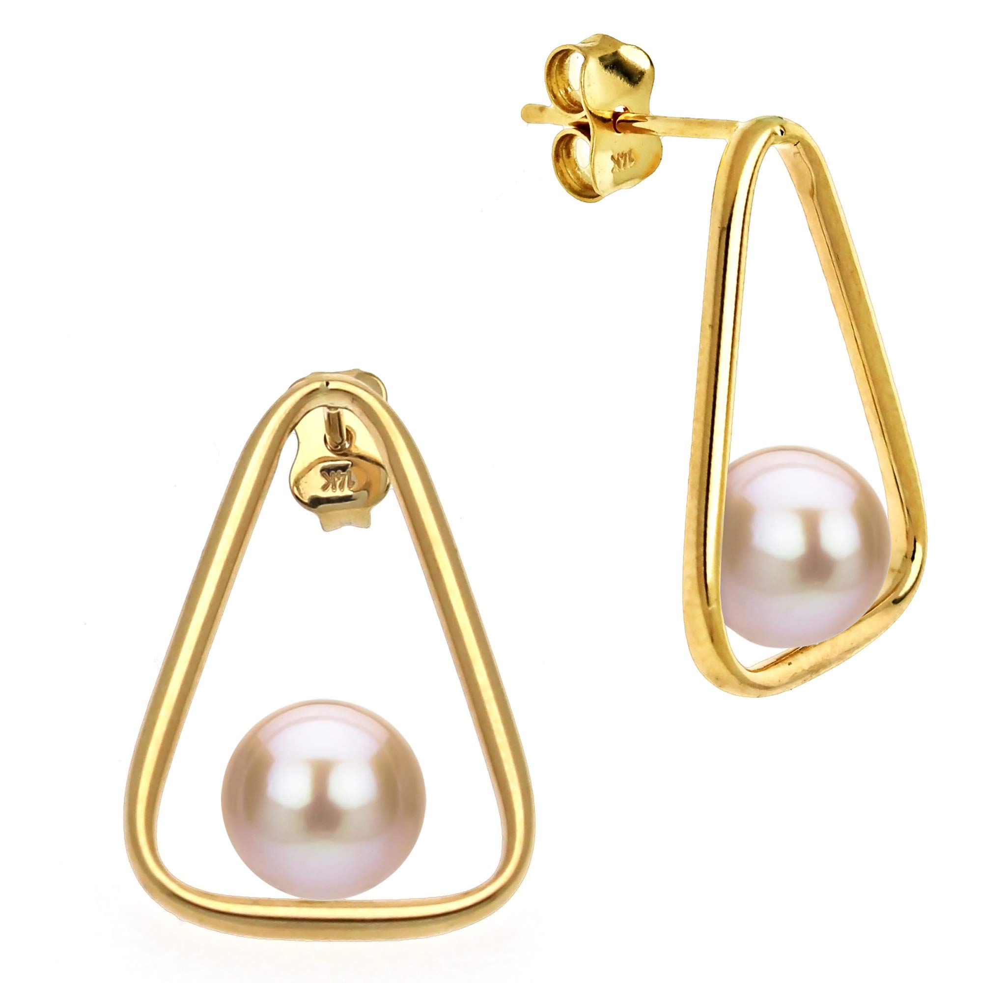 14k Yellow Gold Triangle Cage Freshwater Pearl Stud Earrings for Women | Elegant Statement Jewelry for Parties, Weddings & Special Occasions