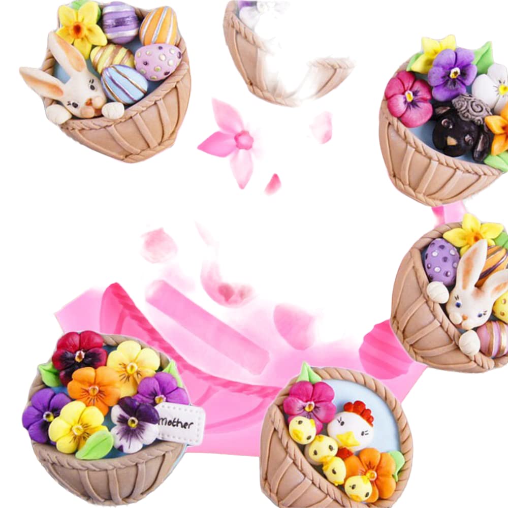 XSMARTWORD 3D Flower Basket Silicone Mold for Cake Decorating - Easter Bunny Egg Chocolate Candy Clay Fondant Gumpaste Molds - Perfect for DIY Baking, Party Treats & Holiday Desserts