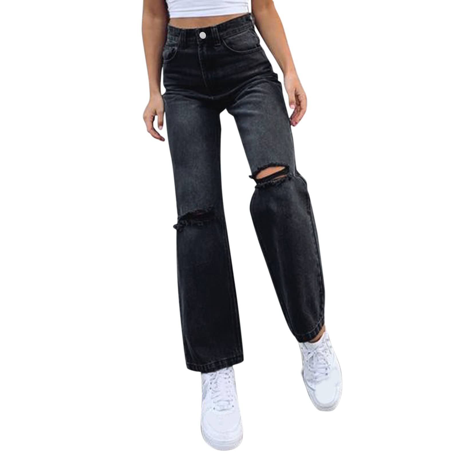 Women's Classic Black Mid Waist Straight Leg Denim Jeans with Pockets - Comfortable Casual Pants for Everyday Wear, Work & Weekend Outings