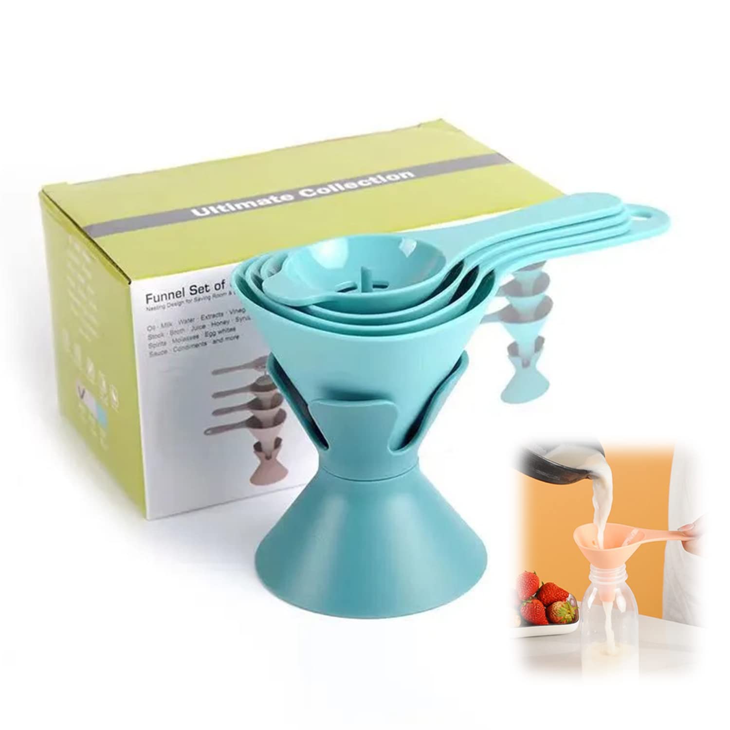 6-in-1 Multifunctional Kitchen Funnel Set with Removable Strainer & Egg Separator - Food Grade Wide Mouth Funnels for Bottles, Jars & Cooking - Perfect for Baking, Canning, Oil Transfer & Small Bottle Filling (Blue)