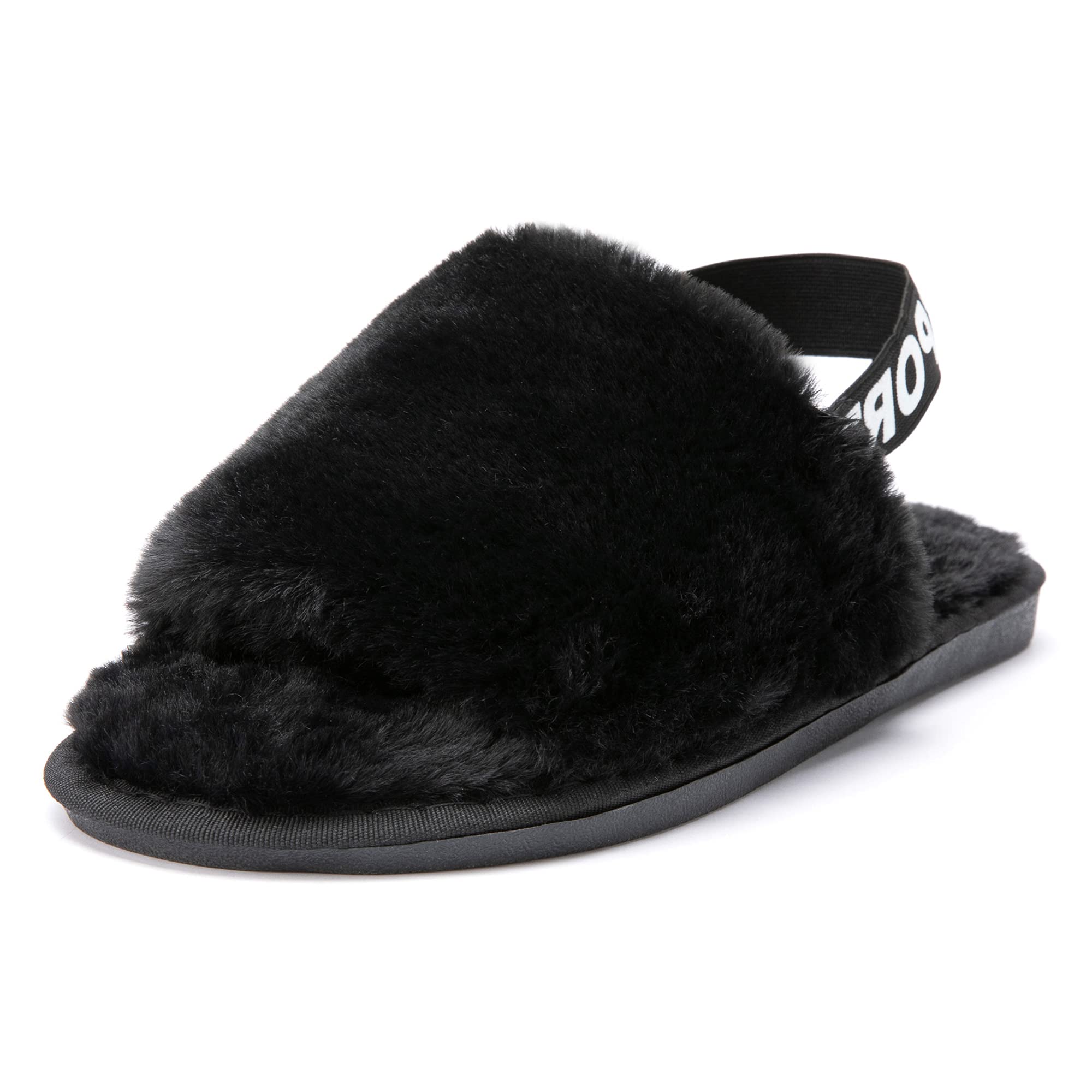 Women's Fuzzy Slide Sandals with Strap - Plush Faux Fur House Slippers for Indoor/Outdoor Wear - Cozy Open-Toe Warm Slippers for Bedroom, Lounge & Backyard Comfort