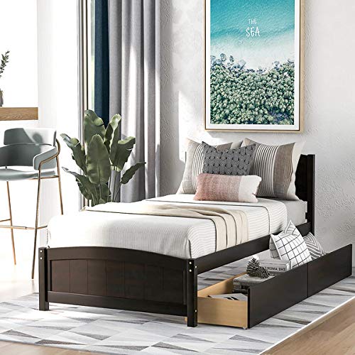 **Platform Bed Frame with 2 Storage Drawers, Wood Slat Support - No Box Spring Needed, Easy Assembly, Twin Size - Perfect for Small Bedrooms, Dorms & Guest Rooms**