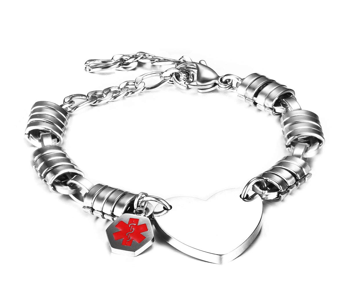 JF.JEWELRY Medical Alert ID Bracelets for Women & Men - Personalized Stainless Steel Emergency Bracelet with Round/Heart Charm Tag | Free Engraving | Ideal for Diabetes, Allergies & Emergency Medical Identification