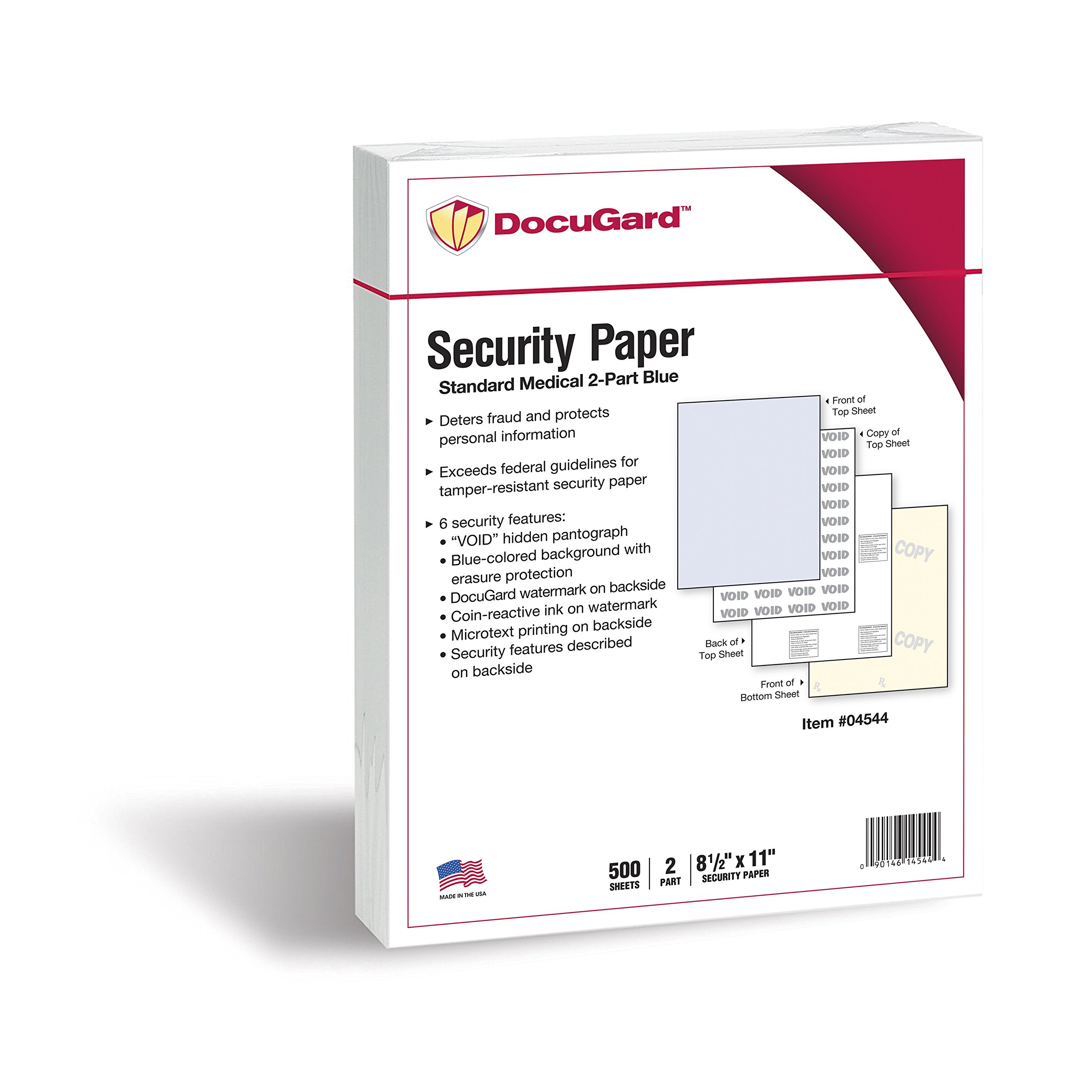 DocuGuard Standard Medical Security Paper - CMS Approved Prescription Paper with 6 Fraud Prevention Features | Laser & Inkjet Compatible | Blue/Canary 2-Part | 8.5 x 11 Inches | 24 lb Weight | 250 Sets (04544) | Ideal for Printing Secure Prescriptions in Clinics & Pharmacies