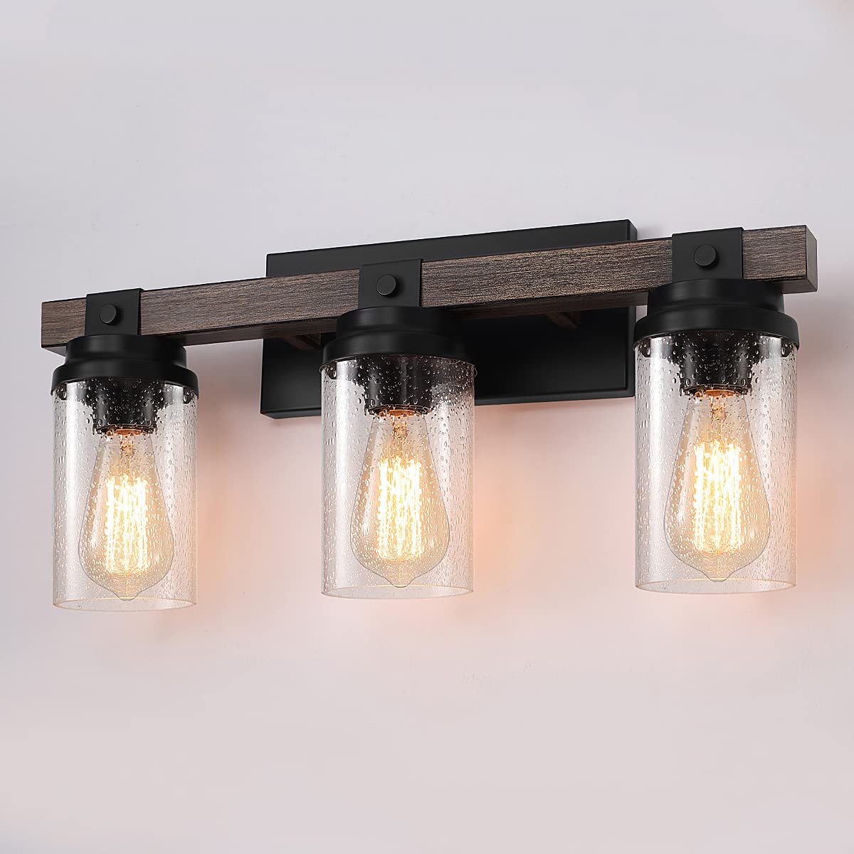 3-Light Rustic Farmhouse Bathroom Vanity Light Fixture with Clear Glass Shade - Wall Sconce Lighting for Bathroom, Bedroom, or Entryway