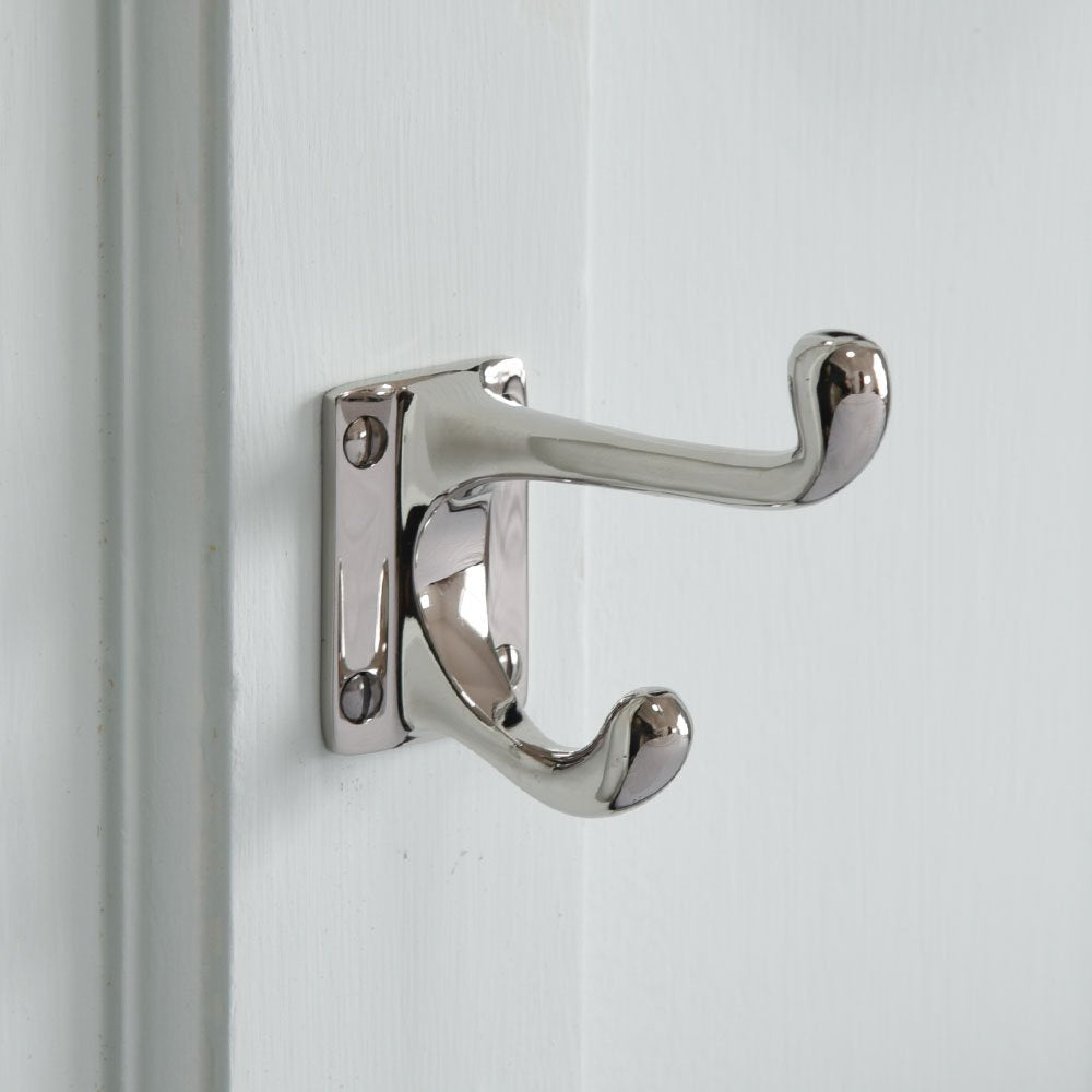 Polished Nickel Double Coat Hook - Heavy Duty Wall Mounted Hooks for Jackets, Hats & Bags - Perfect for Entryway, Mudroom & Bathroom Organization