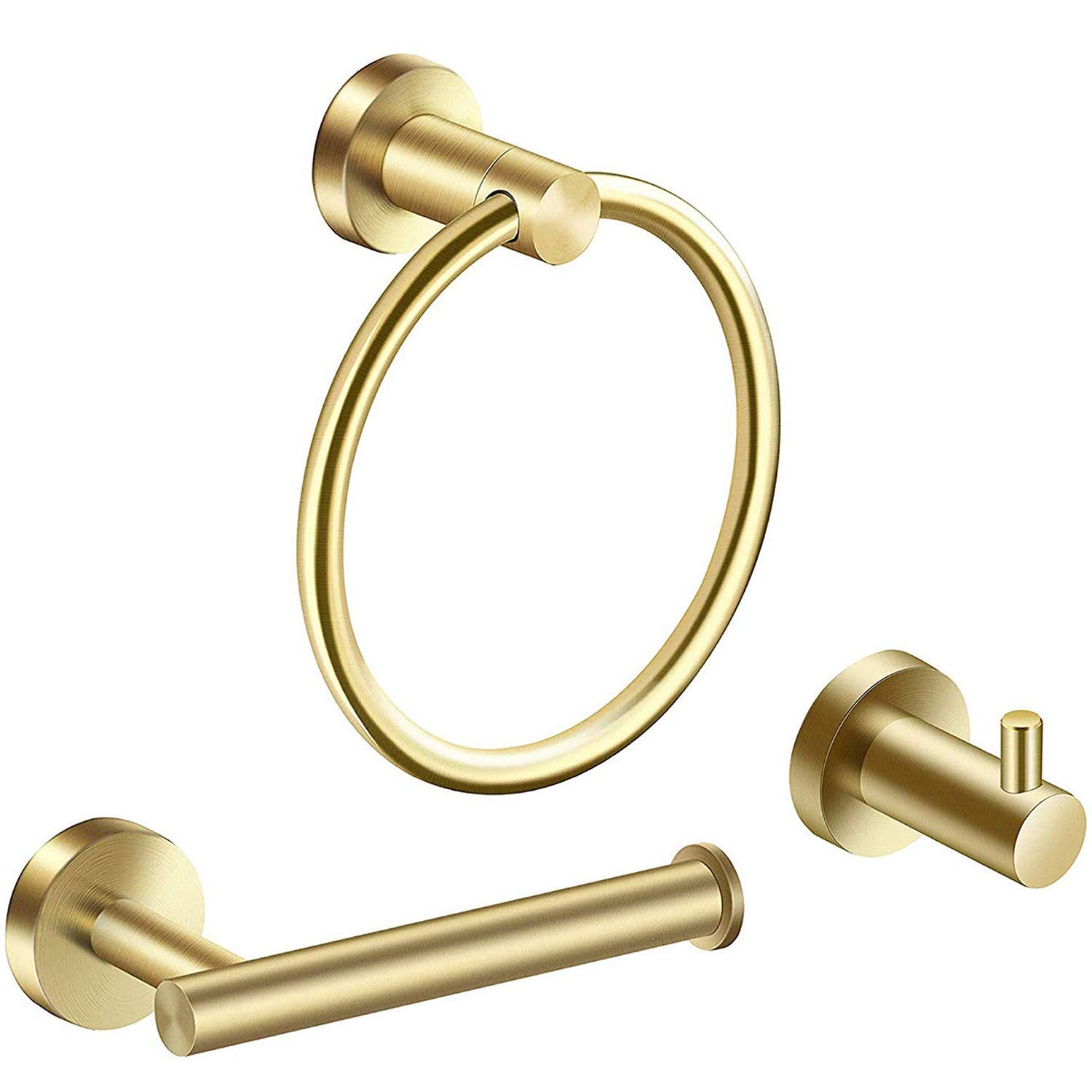 WUYUESUN 3-Piece Modern Bathroom Hardware Set - Brushed Gold Towel Ring, Robe Hook & Toilet Paper Holder - Heavy Duty Stainless Steel Wall Mounted for Bathroom, Powder Room & Spa Decor