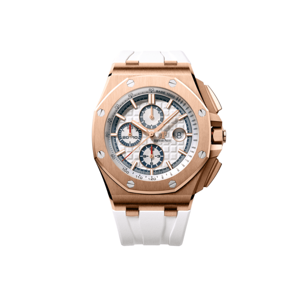 Audemars Piguet Royal Oak Offshore 26408OR Chronograph Watch - 18K Rose Gold Case, White Dial, Leather Strap - Luxury Men's Watch for Business & Formal Occasions
