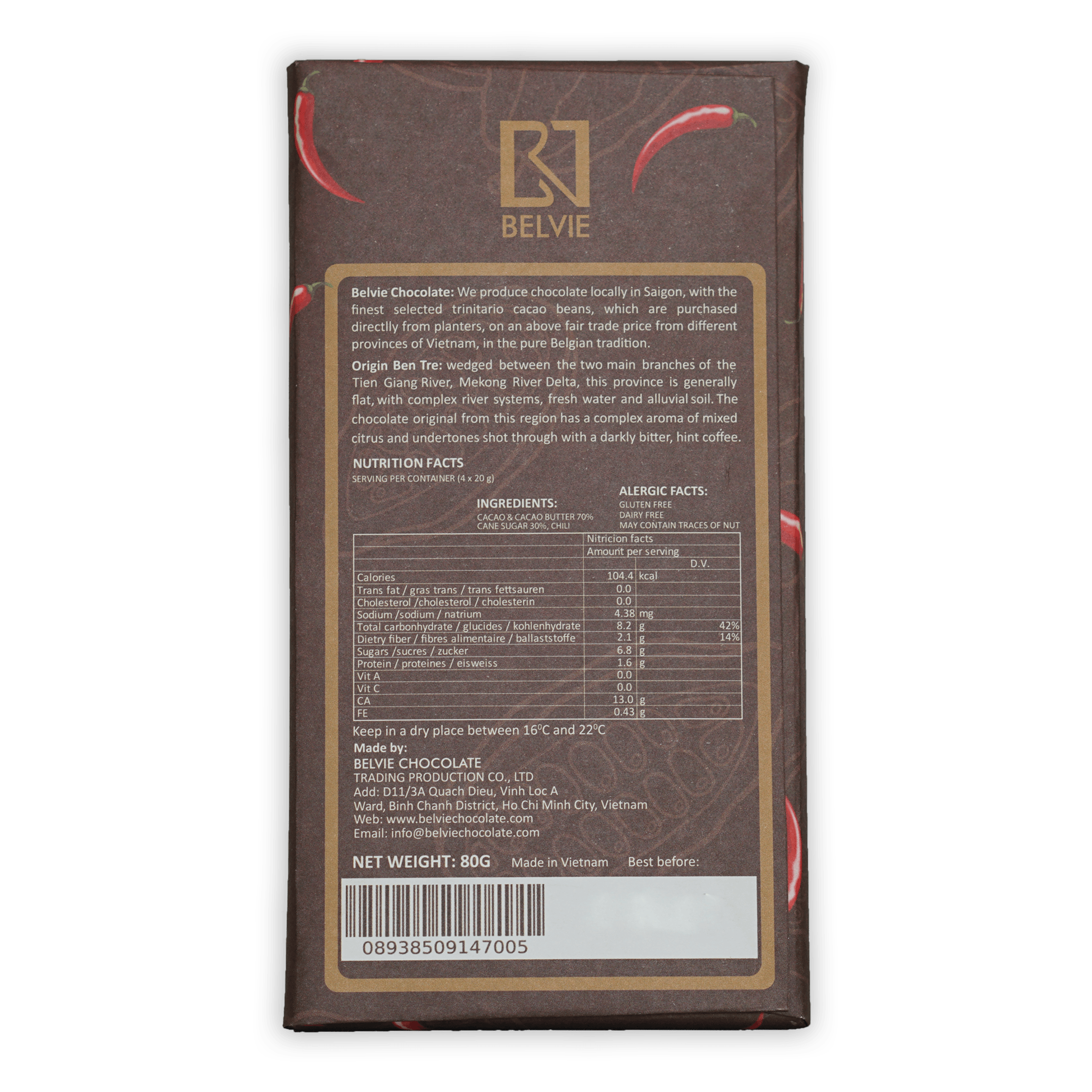 Belvie 70% Dark Chocolate with Chili Pepper - Premium Gourmet Chocolate for Gifting, Desserts & Spicy Food Lovers