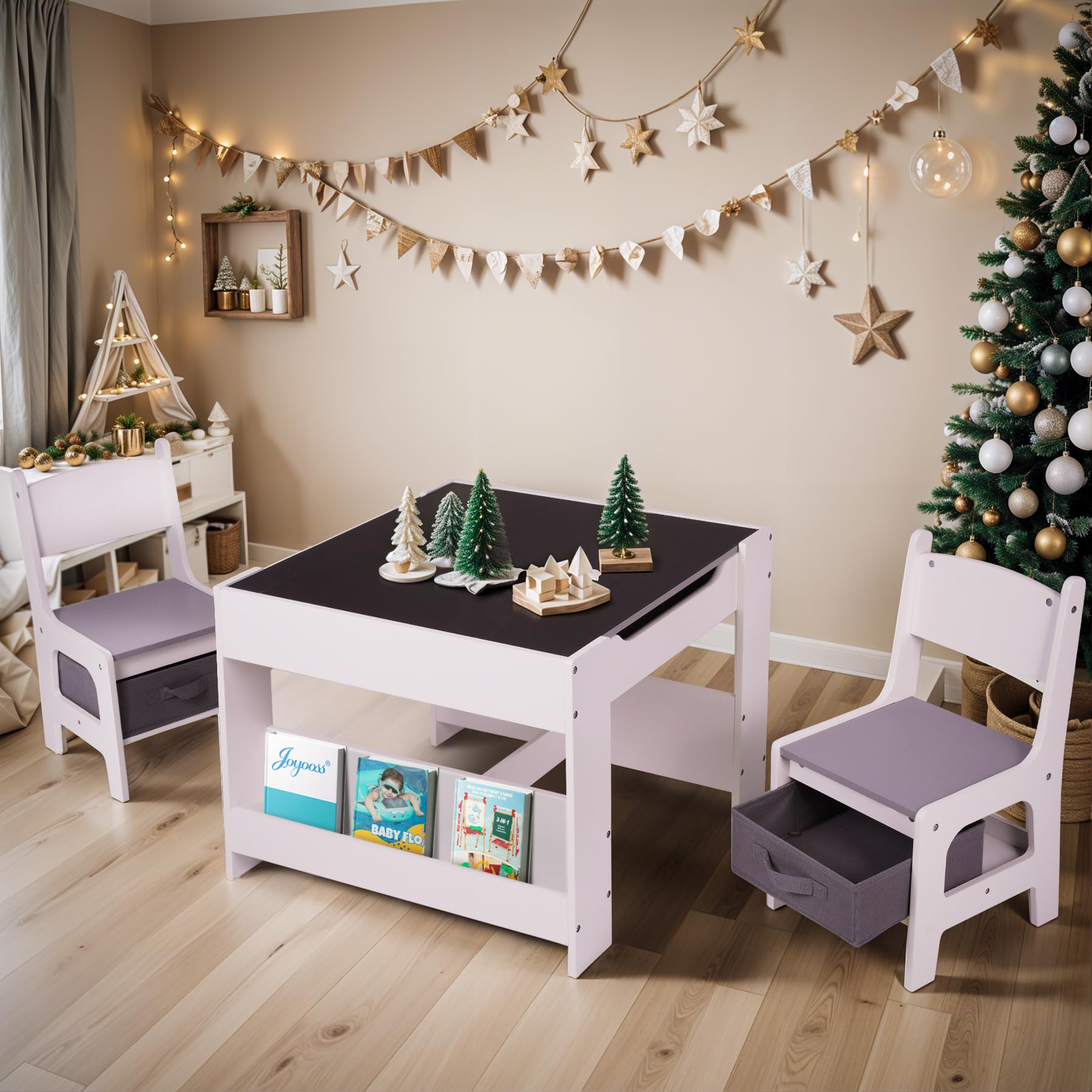 Joyooss 4-in-1 Wooden Kids Table and Chairs Set for Toddlers Ages 3-7, Adjustable Height Children's Study Desk with 2-in-1 Tabletop & Storage - Perfect for Playroom, Homeschooling, and Arts & Crafts Activities