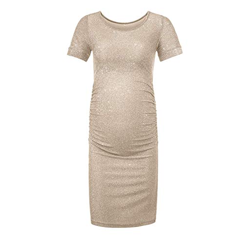 Elegant Sequins Maternity Dress with Lace Sleeves & Side Ruched Detail - Perfect for Photoshoots, Baby Showers & Special Occasions