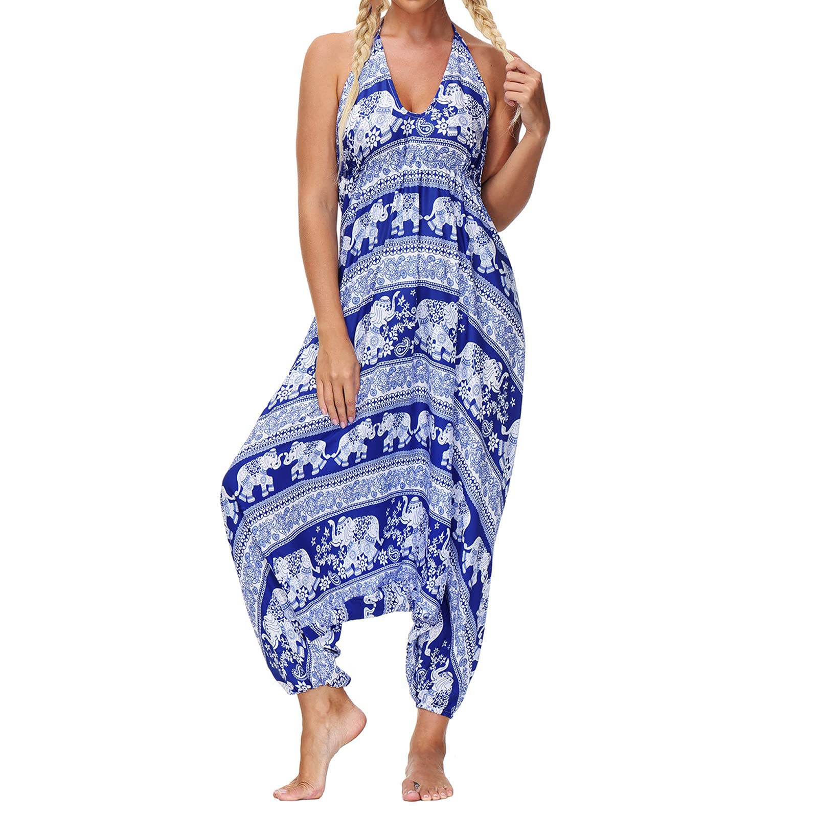 Women's V-Neck Playsuit - Boho Gypsy Harem Yoga Jumpsuit with Palazzo Loose Trousers | Comfortable Jogging & Baggy Pants for Yoga, Lounge & Travel | Perfect for Workout, Relaxation & Casual Wear