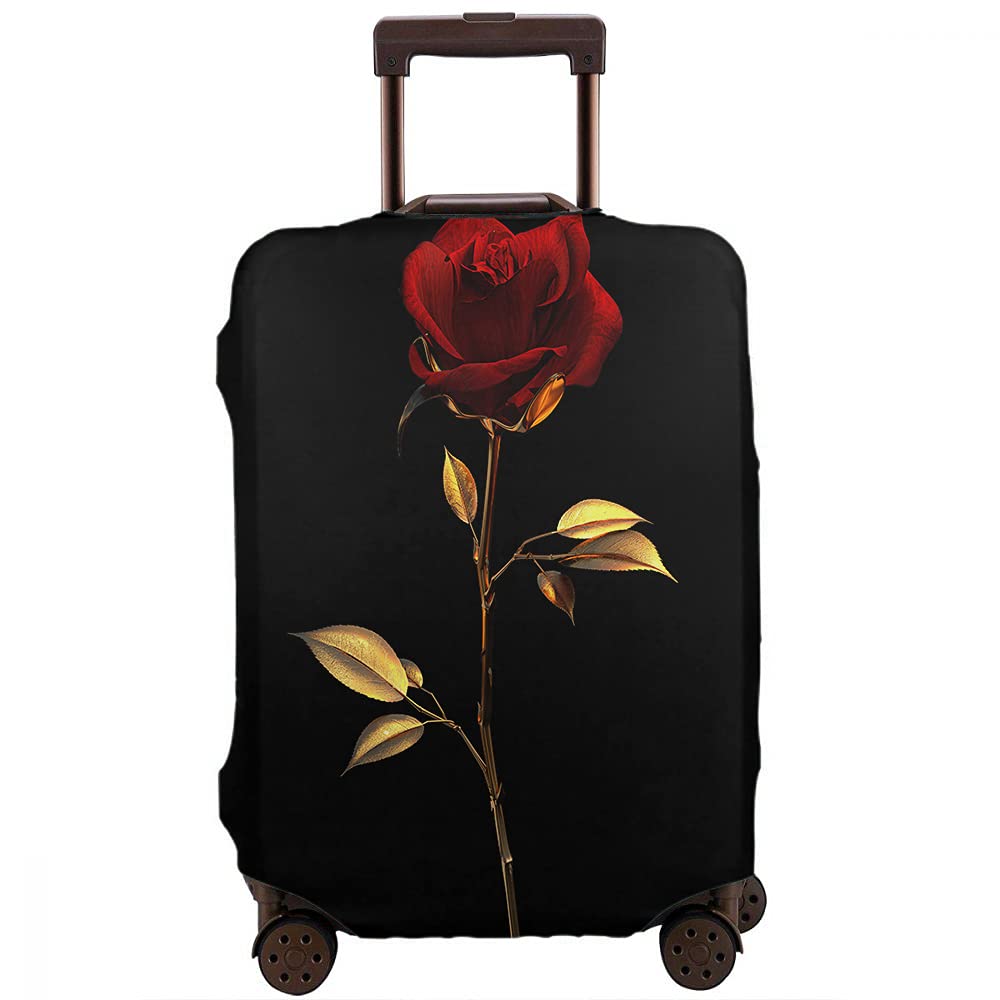 Wondertify 3D Red Rose Travel Suitcase Protector - Gold Floral Washable Elastic Luggage Cover with Concealed Zipper (Fits 18-21 Inch) - Perfect for Airplane Travel & Vacation Protection - Black