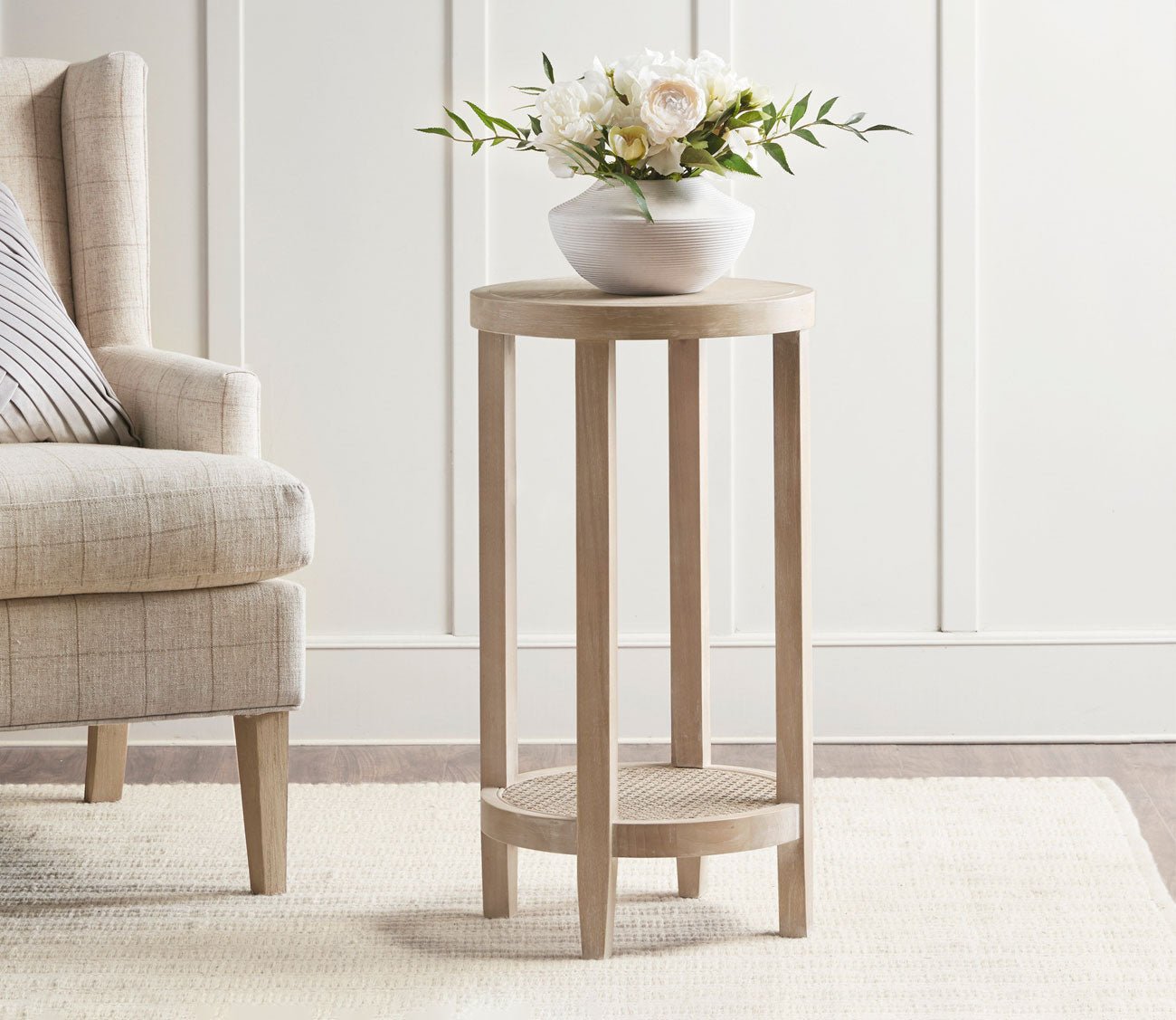 Martha Stewart Harley Round Wood Rattan Shelf Accent Table - Stylish Side Table for Living Room, Bedroom, or Office Decor - Perfect for Displaying Plants, Books, and Decorative Items