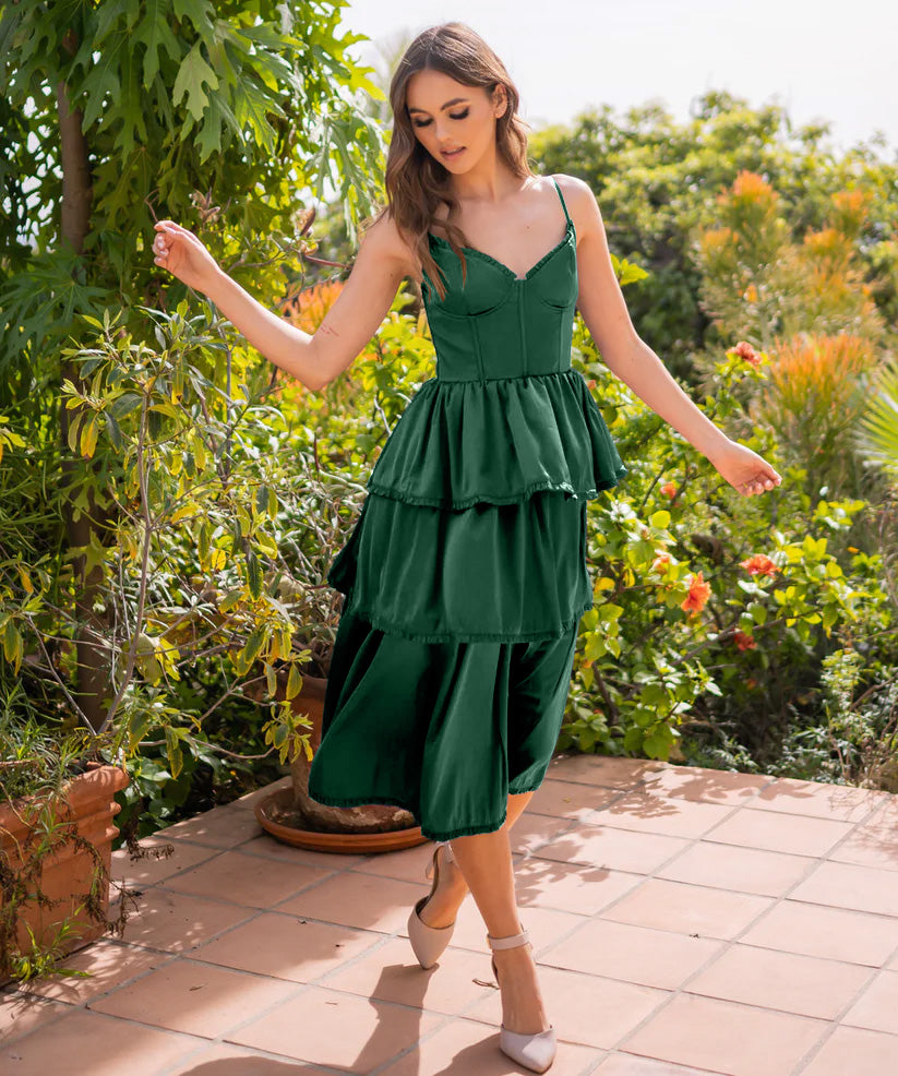 Maeve Corset Midi Dress in Emerald Green - Elegant Bodycon Evening Gown for Women, Perfect for Cocktail Parties, Date Nights and Special Occasions