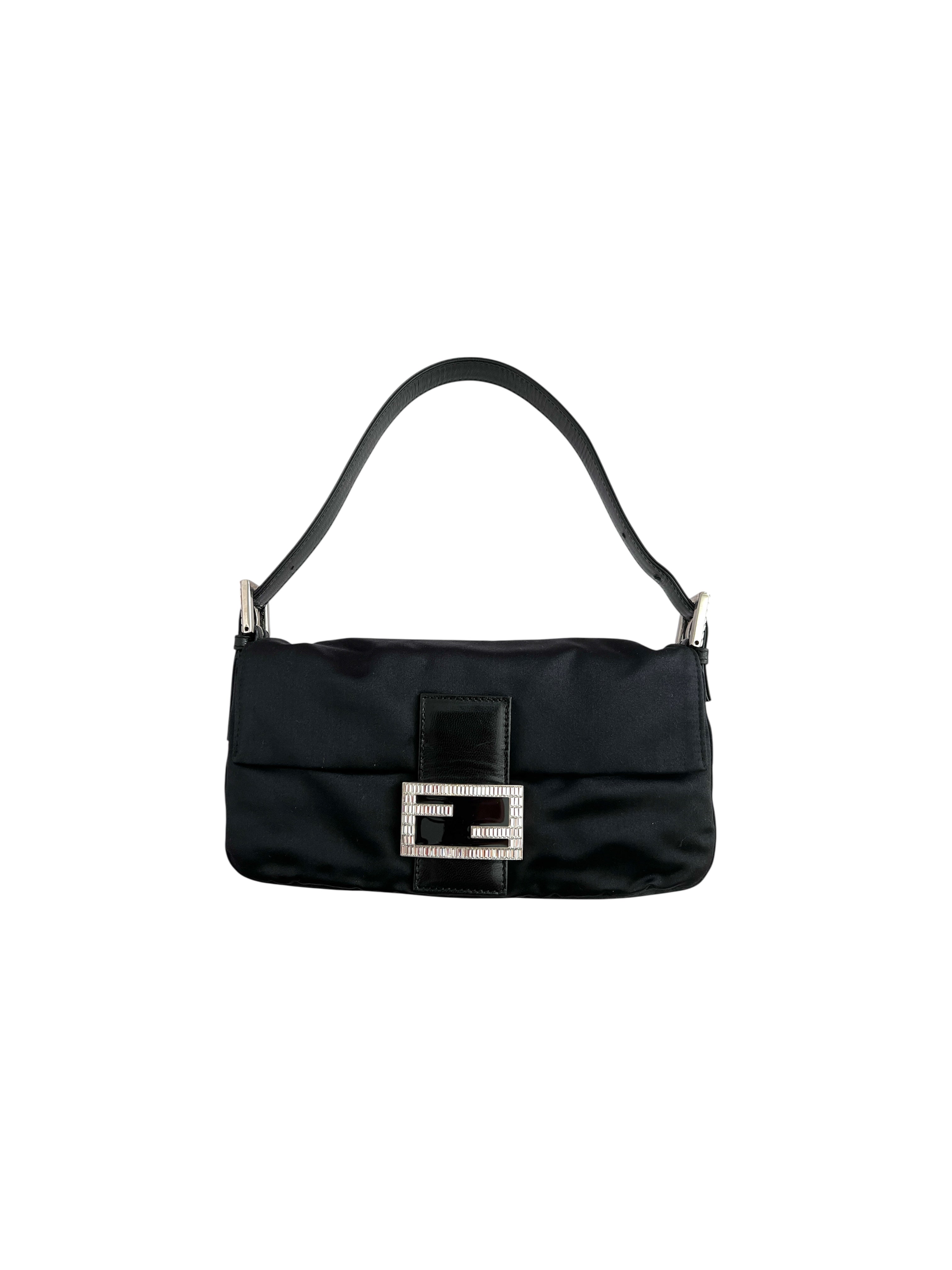 Vintage Fendi Black Satin Baguette Bag - Luxury Designer Crossbody Purse for Women | Perfect for Evening Parties, Date Nights & Special Occasions