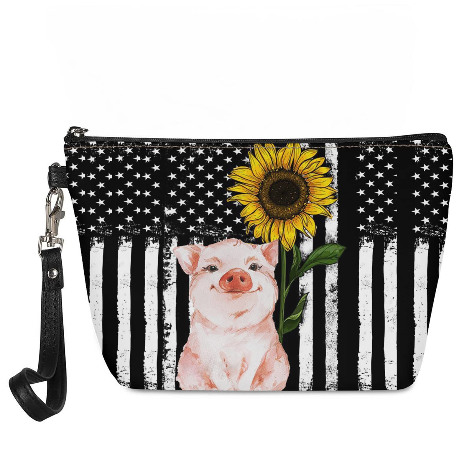 American Flag Pig Makeup Bag - Small Cosmetic Pouch with Top Zip for Women & Girls | Travel Toiletry Organizer, Gym Clutch, Handbag with Handle | Perfect for Travel, Gym, and Daily Use
