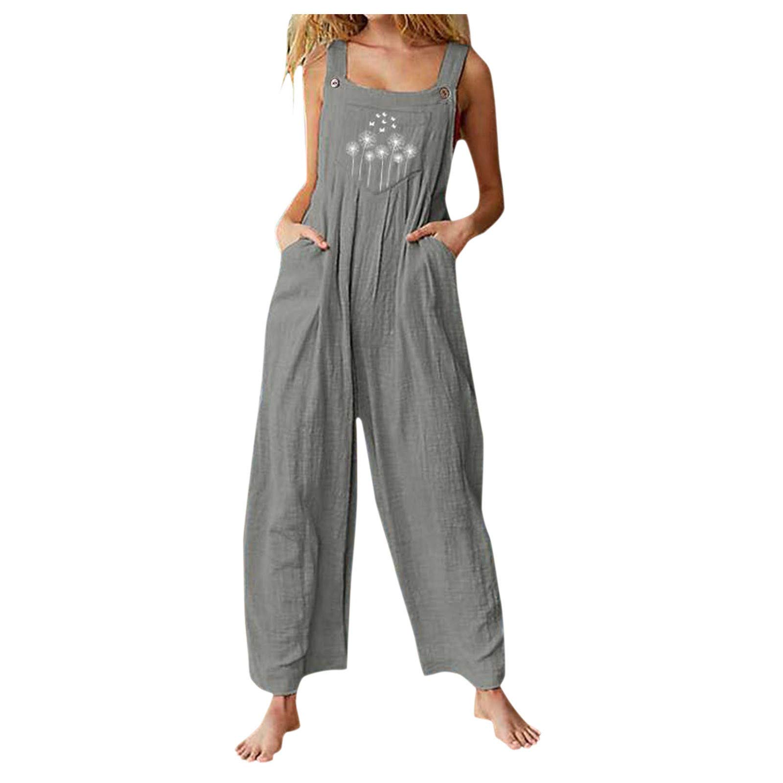 Women's Loose Bib Overalls - Dandelion Print Wide Leg Cotton Linen Jumpsuit with Pockets | Casual Summer Romper for Outdoor Activities, Music Festivals & Boho Fashion