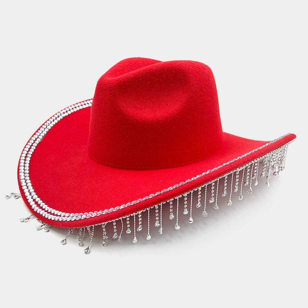 Sparkling Red Rhinestone Embellished Fringe Cowboy Western Hat for Women - Perfect for Country Concerts, Rodeos & Western Themed Parties